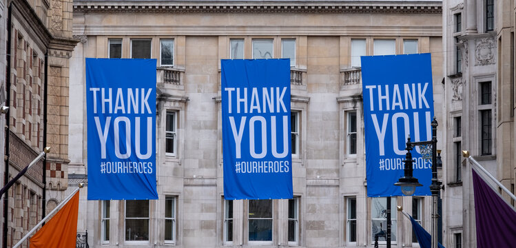 New Bond Street, London UK, Iconic Luxury Shopping Street, Photographed During Coronavirus Pandemic, With Banners Thanking The NHS And Key Workers For Their Dedication During The Outbreak.