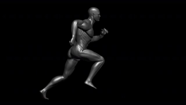 Minimalist back futuristic seamless animation of a muscular man running isolated with alpha channel. Dark glossy elegant background of humanoid or artificial intelligence concept.