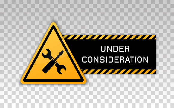 Under construction sign. Construct under banner. Signage danger. Warning caution. Board attract attention. Hammer, spanner. Yellow triangle frame isolated on background. Reconstruction sign. Vector