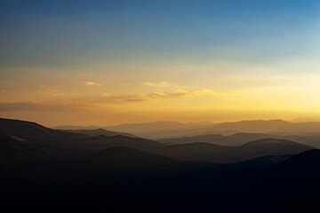 Sunrise in Carpathian mountains. Mountain layers. Landscape