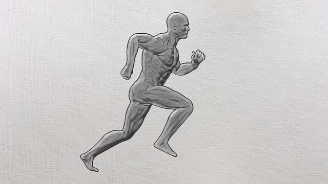 Hand drawn animation of a man running isolated on a textured paper. Stop motion background pencil charcoal drawing style