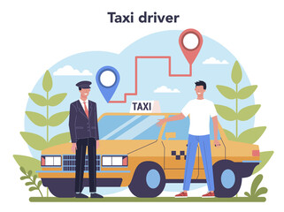 Taxi service concept. Yellow taxi car. Automobile cab with driver