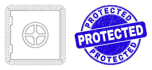 Obraz premium Web mesh banking safe icon and Protected stamp. Blue vector round grunge stamp with Protected title. Abstract frame mesh polygonal model created from banking safe pictogram.