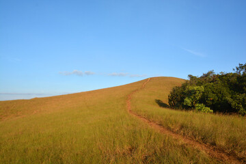 Fototapeta na wymiar mountains brown grass and blue sky landscape