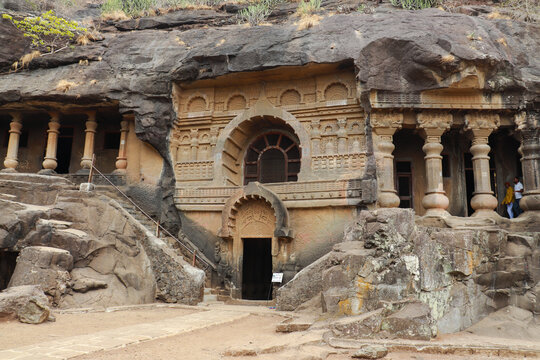 Front view or facade of Nasik Caves aka Pandavleni Caves, Pandu Lena, Pandu Caves or Trirashmi Leni were built by Hinayana Buddhists in 3rd century BC. Nashik tourism.