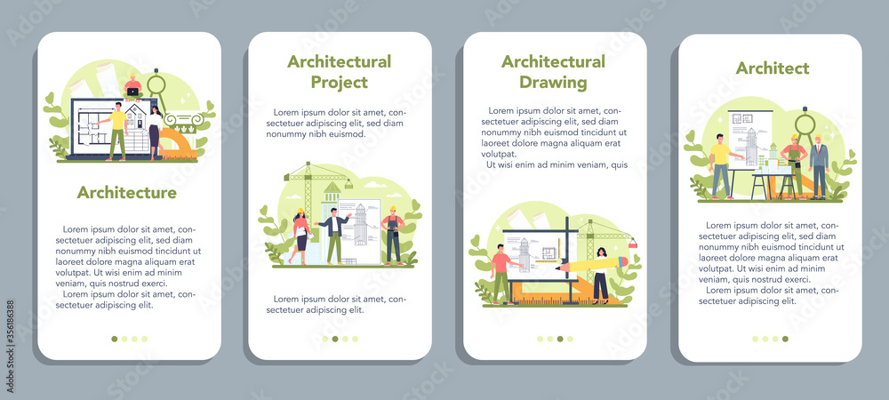 Poster architecture mobile application banner set. idea of building project