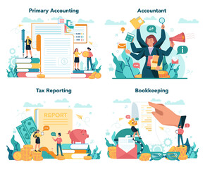Accountant office manager set. Professional bookkeeper. Concept of