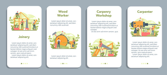 Woodworker or carpenter mobile application banner set. Builder