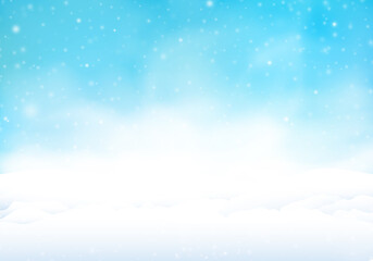 Snowstorm with blue sky. Winter background with snow banks in the snowfall.