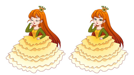 Cute little princess with red hair wearing yellow ball dress and golden crown. © TomatoLaccoon