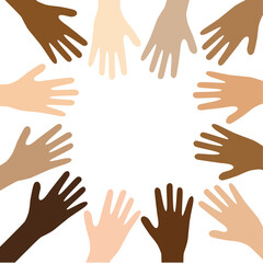 Different skin tone of many hands  together, copy space 