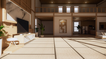 living room granite white wall background with decoration japan style design and shelf wall. 3d rendering