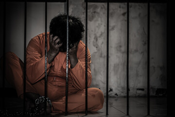 Asian man desperate at the iron prison,prisoner concept,thailand people,Hope to be free,Serious...