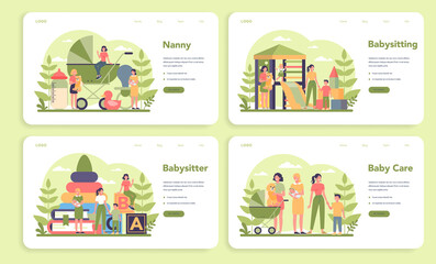 Babysitter service or nanny agency web banner or landing page set.