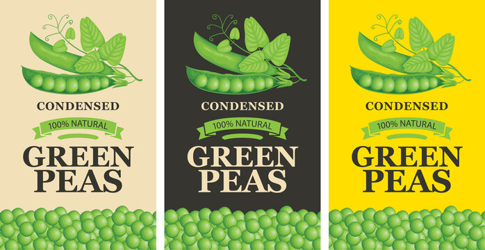 Labels for green peas in retro style. A set of vector labels or banners for green peas featuring realistic green peas, pods, tendrils, leaves and inscription