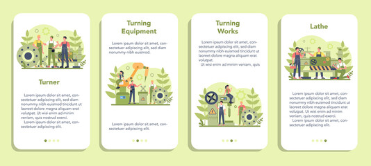 Turner or lathe mobile application banner set. Factory worker using