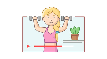 Concept Of Online Personal Trainer. Woman Athlete Practicing And Recording A Vlog Of Exercising With Dumbells. Video Of Personal Training In Gym. Cartoon Linear Outline Flat Style. Vector Illustration