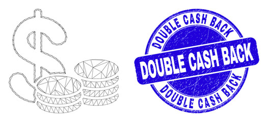 Web mesh cash icon and Double Cash Back seal stamp. Blue vector round distress seal stamp with Double Cash Back phrase. Abstract frame mesh polygonal model created from cash icon.