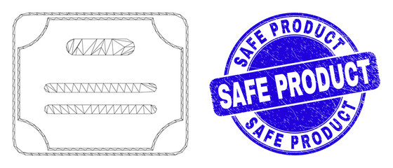 Web mesh certificate diploma icon and Safe Product stamp. Blue vector round scratched seal stamp with Safe Product text. Abstract frame mesh polygonal model created from certificate diploma icon.
