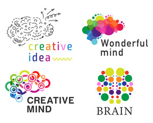 Set of colorful vector illustrations with a stylized image of the human brain on a white background. Creative design of the logo or icon of the brain, consisting of multicolor circles, dots, lines.