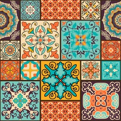 Seamless colorful patchwork tile with Islam, Arabic, Indian, ottoman motifs. Majolica pottery tile. Portuguese and Spain decor. Ceramic tile in talavera style. Vector illustration