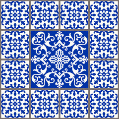 Seamless patchwork tile with Victorian motives. Majolica pottery tile, blue and white azulejo, original traditional Portuguese and Spain decor.  Vector illustration.