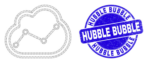 Web mesh chart cloud pictogram and Hubble Bubble seal stamp. Blue vector round textured seal stamp with Hubble Bubble title. Abstract frame mesh polygonal model created from chart cloud pictogram.