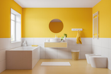 Yellow bathroom interior, rectangular bathtub, toilet, bidet, sink and round mirror, laundry basket. 3d rendering.