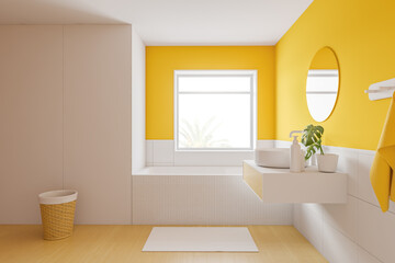 Fototapeta na wymiar The yellow interior of the bathroom with a white modern bathtub, a sink and a split mirror above it, a laundry basket is standing near the wall. 3d rendering.
