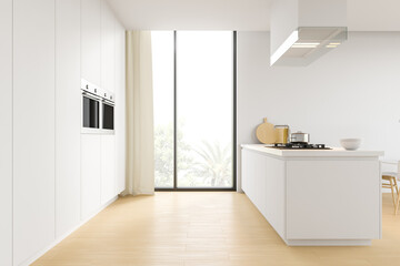 The interior of a stylish kitchen with white walls, wooden floors, a closet with built-in appliances and countertops, a large window. 3d rendering.