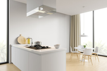 Scandinavian-style kitchen with white walls, wooden floors, white countertops, cabinets and a table and chairs. Side view. 3d rendering.