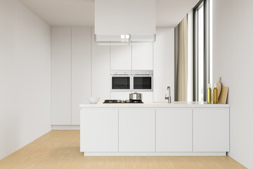 Fototapeta na wymiar The interior of a stylish kitchen with white walls, wooden floors, countertops with built-in appliances. Modern stylish kitchen design. 3d rendering.