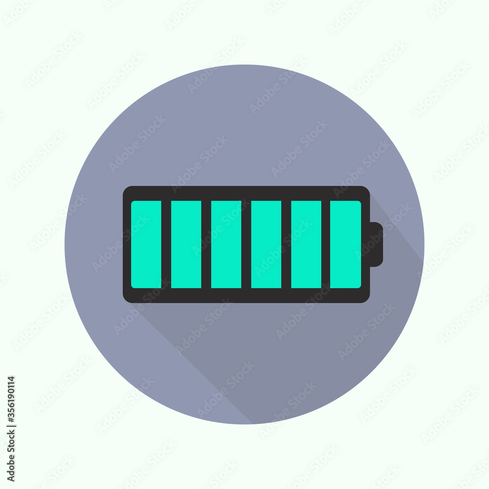 Poster Battery circle icon with long shadow. Flat design style. Battery simple silhouette. Modern, minimalist, round icon in stylish colors. Web site page and mobile app design vector element