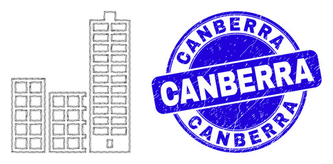 Web carcass city buildings pictogram and Canberra watermark. Blue vector round grunge watermark with Canberra phrase. Abstract carcass mesh polygonal model created from city buildings pictogram.