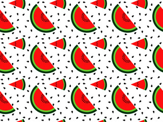 Vector illustration of various size red watermelon slices fruits and seeds seamless pattern. vector background of summer. tropical food texture.