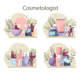 Cosmetologist concept set, skin care and treatment. Young woman