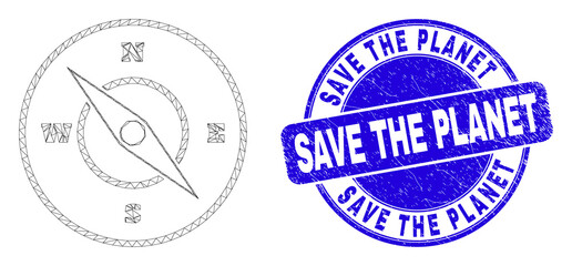 Web mesh compass pictogram and Save the Planet seal stamp. Blue vector rounded scratched watermark with Save the Planet caption. Abstract carcass mesh polygonal model created from compass pictogram. © Evgeny