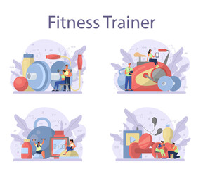 Fototapeta na wymiar Fitness trainer concept set. Workout in the gym with profession