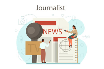 Naklejka premium Journalist concept. TV reporter with microphone. Mass media