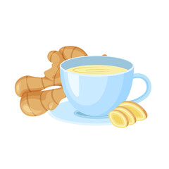 Ginger tea in a cup isolated on white background. Fresh ginger root. Vegan food vector icons in a trendy cartoon style. Healthy food concept for design.	