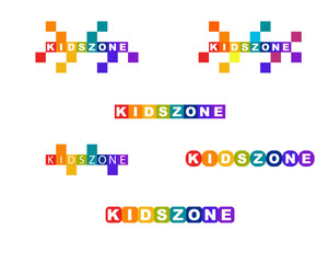 Set of vector illustrations of logos for kids zone, city of colorful pixels. Logo, pictogram of playground, kids zone, toy store, preschool, kindergarten.
