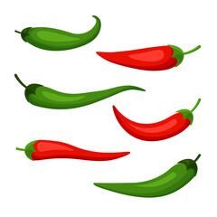 Chilli pepper set isolated on white background. Hot spicy red and green chili peppers. Cartoon mexican chilli in a trendy flat style.