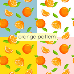 Set of seamless vector pattern with whole, half, cut slice of orange on different backgrounds. Vegan vector icons in a trendy cartoon style. Healthy food design concept for your product.