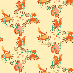Seamless pattern with foxes on bicycles and flowers. Animalistic vector background. Orange and green tones. Can be used for wallpapers, pattern fills, textile, surface textures