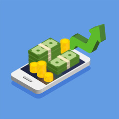 Dollar rise or increase. Smartphone with dollar cash and coins in trendy isometric style. Stack or pile of money . Vector illustration isolated.	
