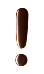 Exclamation point made of chocolate syrup isolated on white background. Exclamation sign written by liquid chocolate, top view