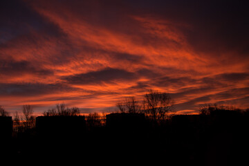 Amazing orange sunset over the Cracow city, Malopolskie, Poland.