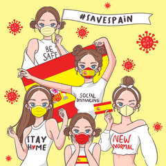 Vector Illustration for Campaign on Covid-19 Prevention : Set of pretty girls wearing medical mask and holding national flag