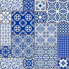 Majolica pottery tile, blue and white azulejo, original traditional Portuguese and Spain decor. Seamless patchwork tile with Victorian motives. Vector illustration.