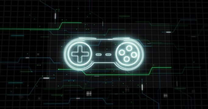 Glowing technical lines form game controller - gamepad hologram on a black background. Gaming intro, esports, gaming channel. Zoom-Out